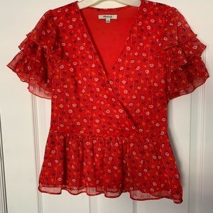Red Floral Faux Wrap Ruffle Sleeve Top
